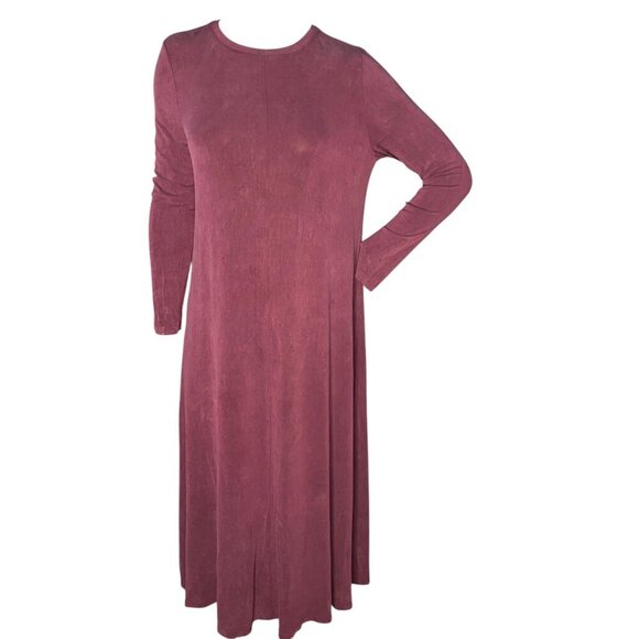 Eileen Fisher Crewneck Long Sleeve Cupro Blend Midi Dress in Jam Sz S #275D - Picture 2 of 9